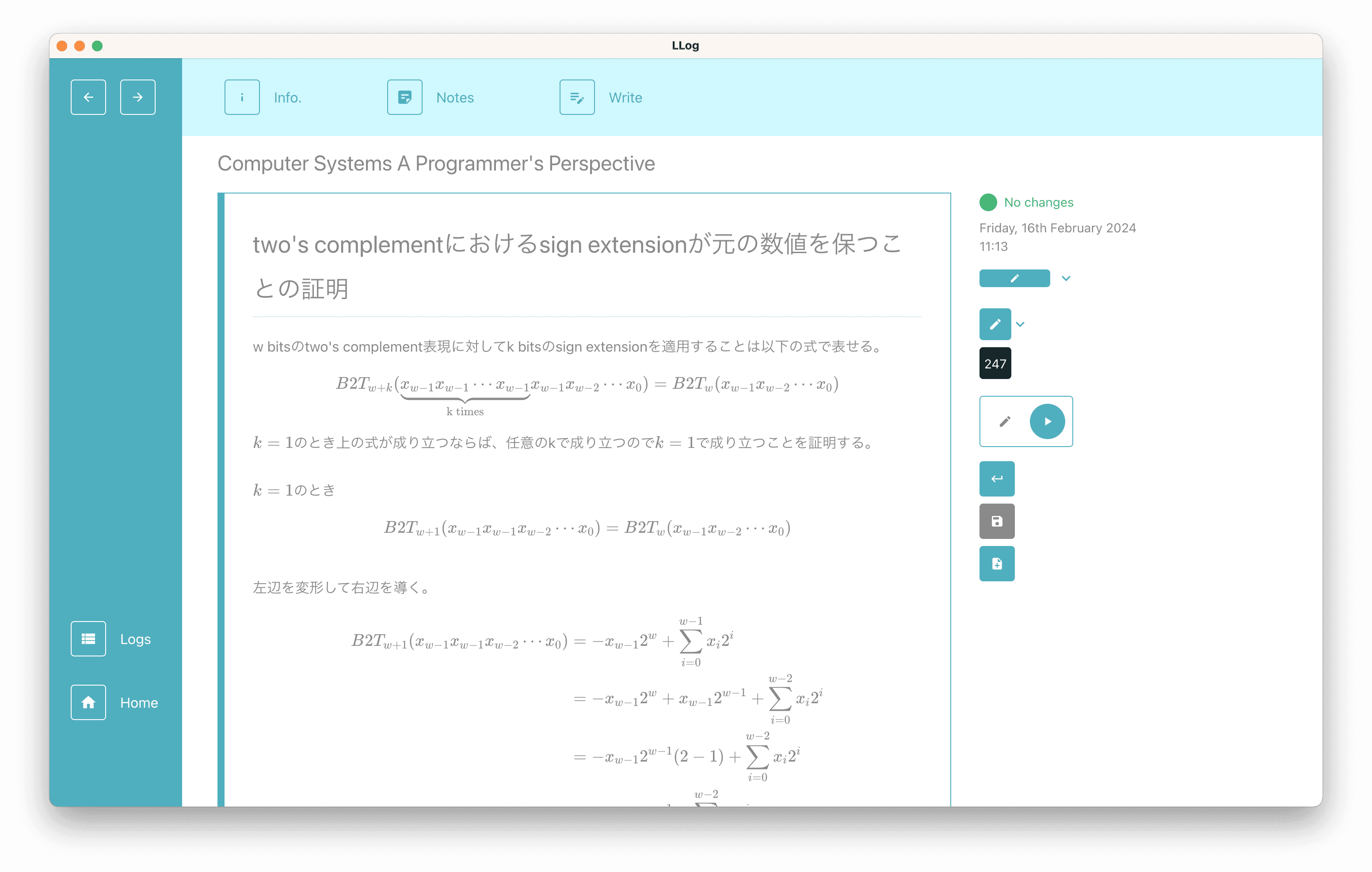 LLogアプリのウィンドウが表示されている。ウィンドウ内は左側のサイドバーの幅の狭い領域と右側の幅の大きな領域に分けられている。さらに右側の領域の上部にはメニューの領域ある。左側の領域の上部には戻るボタンと進むボタンがあり、下部にはログページ遷移ボタンとホームページ遷移ボタンがある。右側の領域のメニューには左からinfo.ボタン、Notesボタン、Writeボタンがある。右側の下部の大きな領域にはテキストエディタがマークダウンのプレビューモードで表示されている。